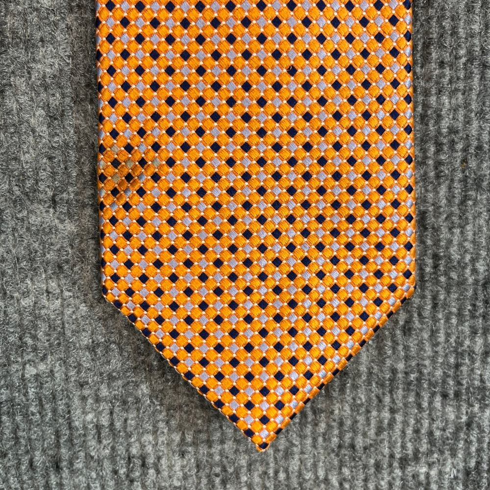 Tommy Hilfiger Mens Silk Tie Orange Navy Blue Geometric Diamond Pattern Woven